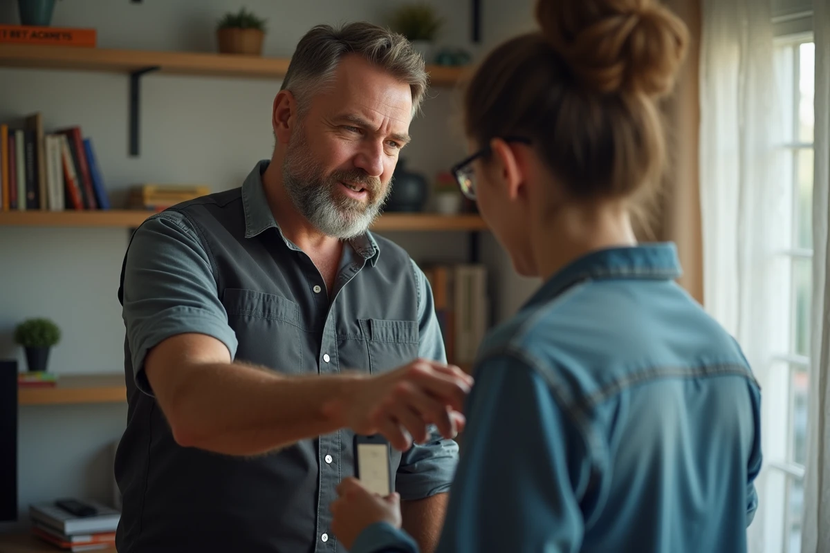 Technicien rassurant montre un dispositif de securite au domicile
