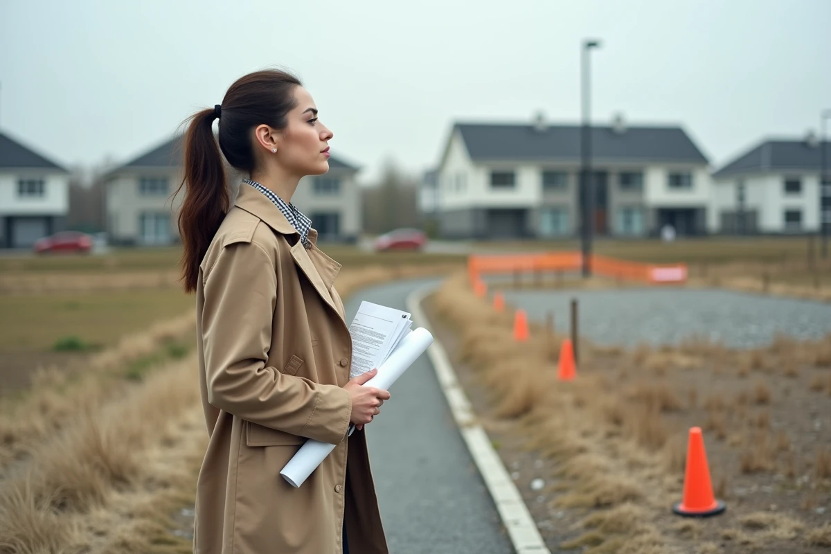 Urbaniste sur un terrain non bâti avec des jalons de bornage et des documents de permis de construire en zone périurbaine