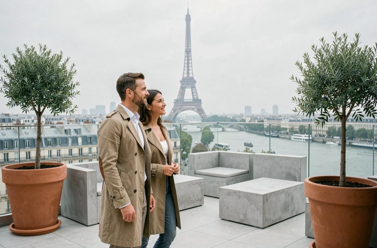 Couple visitant une terrasse de luxe avec vue sur la Seine et la Tour Eiffel, bien immobilier haut de gamme Kretz