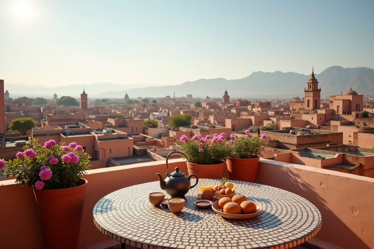 Terrasse d'un riad rénové à Marrakech avec vue panoramique sur la médina et les montagnes de l'Atlas