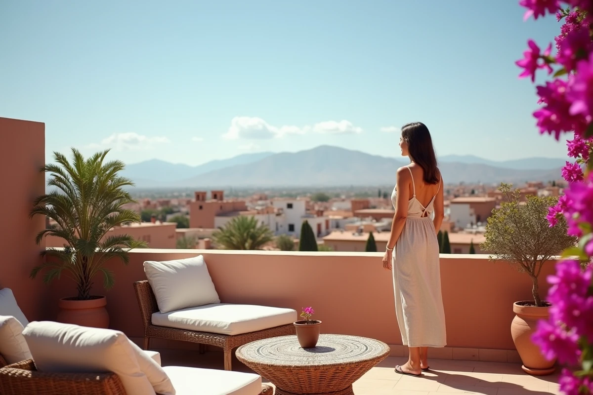 Terrasse avec vue panoramique sur la médina de Marrakech, maison à vendre pour investissement locatif saisonnier