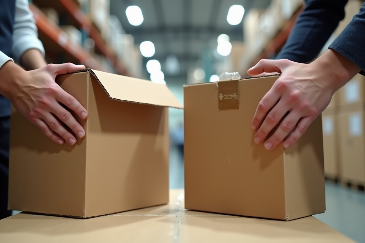 Mains testant la résistance de caisses de déménagement en gros plan