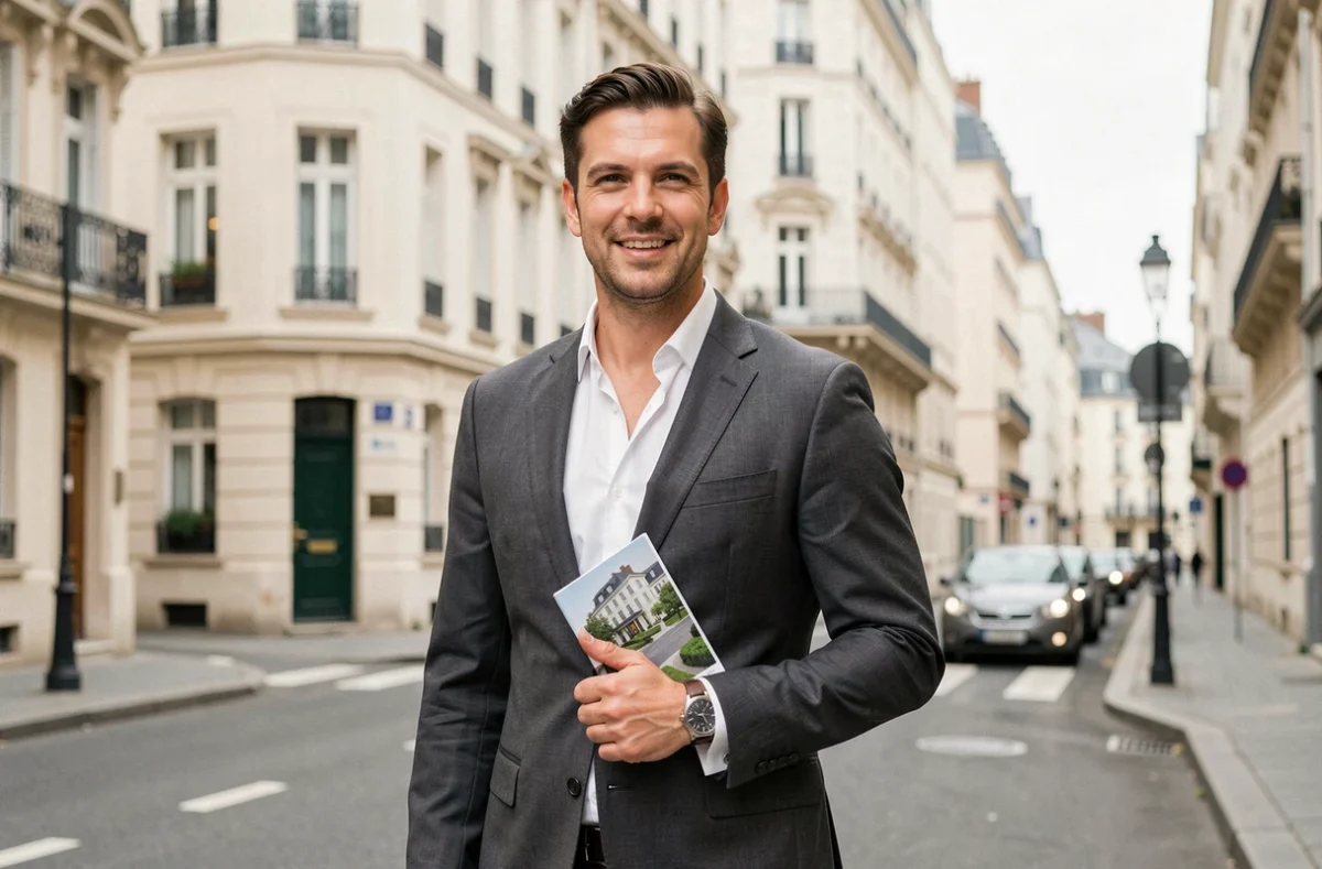 Agent immobilier Tristan Le Corre en costume, tenant un dossier de vente immobilière dans une rue résidentielle de Seine-Saint-Denis