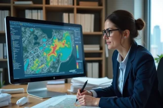 Urbaniste étudiant des zones à risques naturels sur un logiciel de cartographie géoportail en bureau d'études