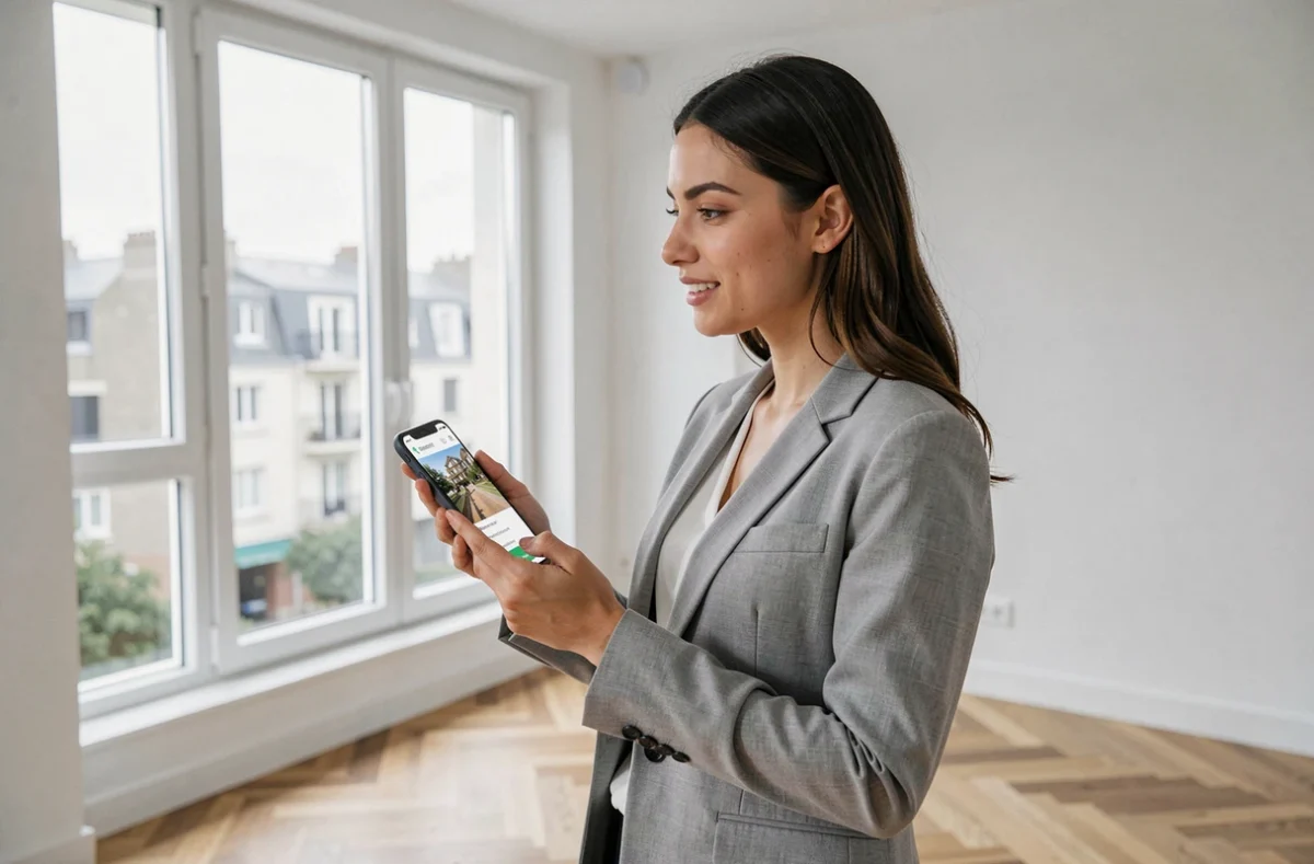 Conseillère Veezit présentant une visite virtuelle immobilière sur smartphone dans un appartement rénové