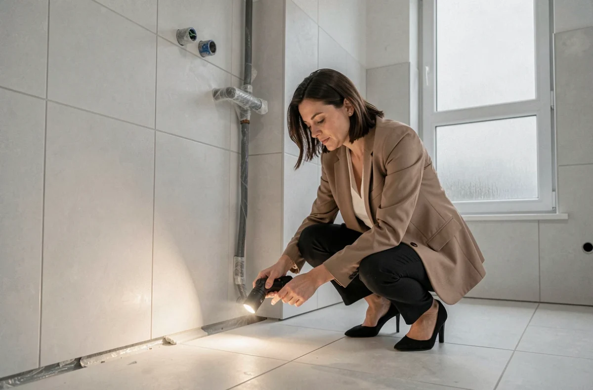 Femme inspectant les joints de carrelage d'une salle de bain dans un logement neuf