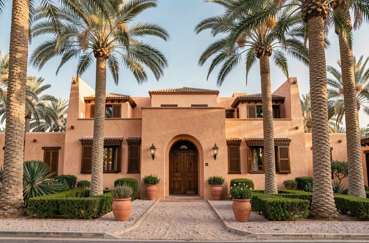 Villa à vendre dans la Palmeraie de Marrakech avec palmiers, murs en pisé ocre et porte en bois sculpté