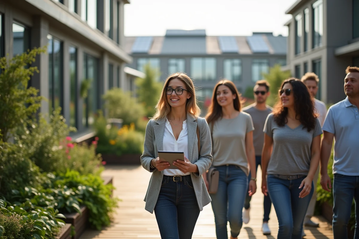 Groupe de personnes visite un ecoquartier avec jardins et panneaux solaires