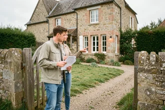 Couple en visite devant une petite maison avec jardin à louer en Seine-Maritime 76, tenant une check-list