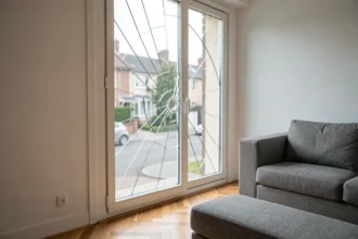 Vitre de salon fissurée avec motif d'étoile dans un appartement français moderne