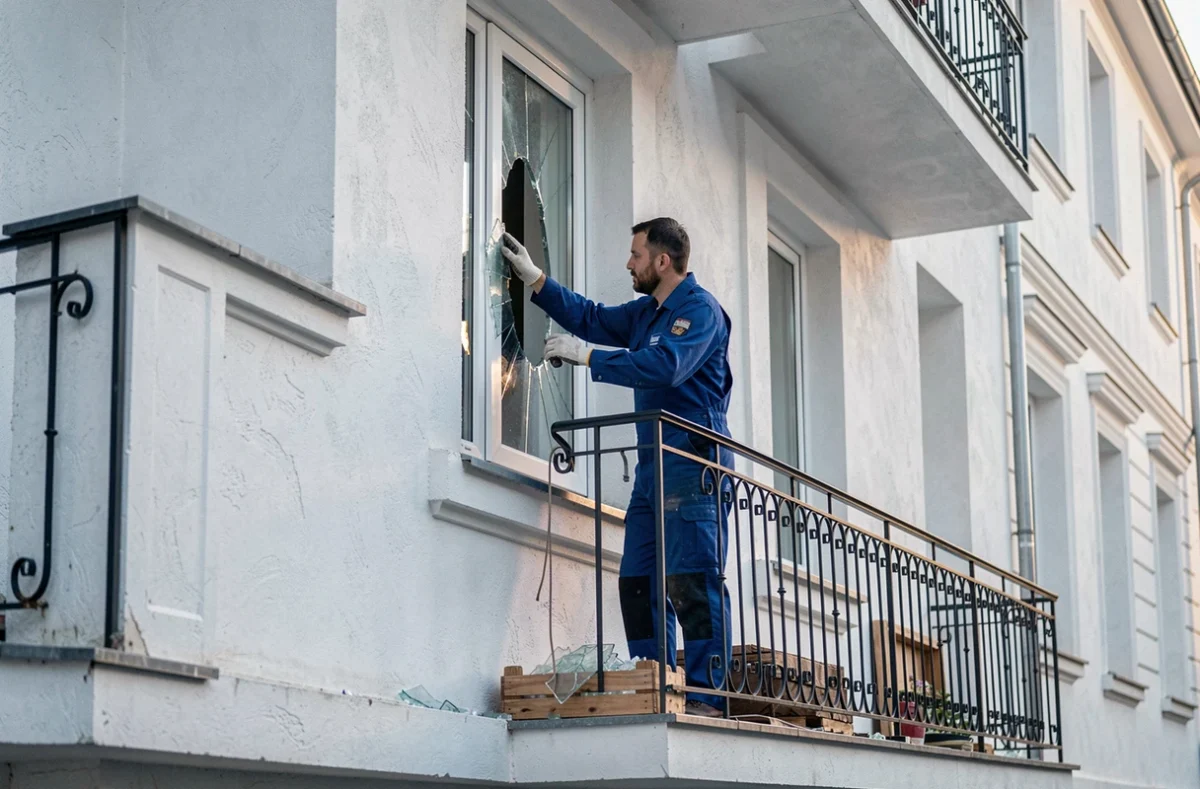 Vitrier remplaçant une fenêtre cassée sur la façade d'un immeuble résidentiel