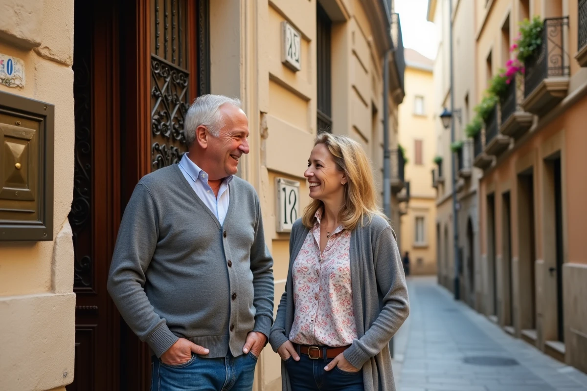 Deux voisins discutant amicalement devant l'entrée d'un immeuble ancien à Marseille, symbolisant la solidarité de quartier et le sentiment de sécurité dans le 3ème arrondissement